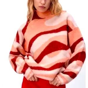 Zara - Pink Burgundy Jacquard Wave Mock Neck Long Sleeve Sweater Size Small